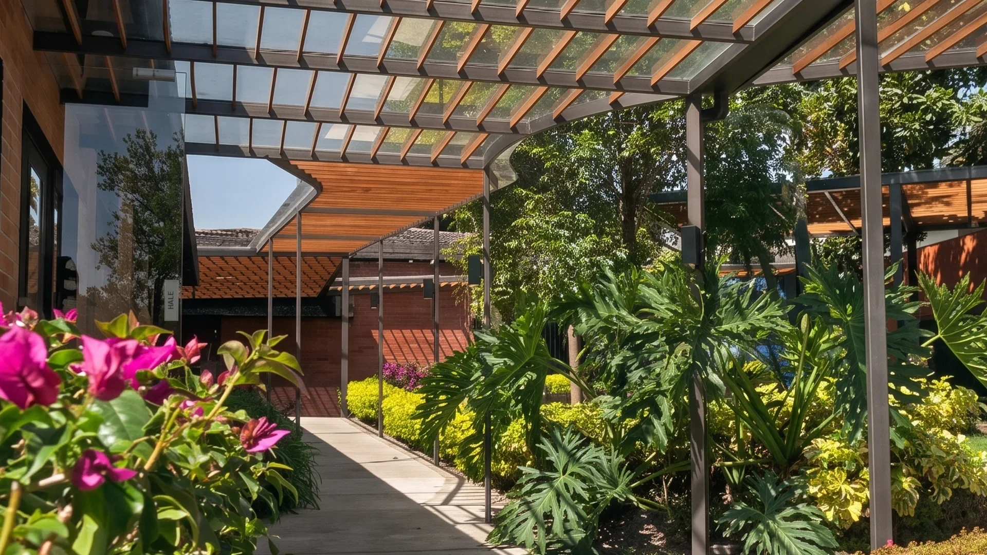Camino de acceso a Q·RA entre jardines, bajo la pérgola