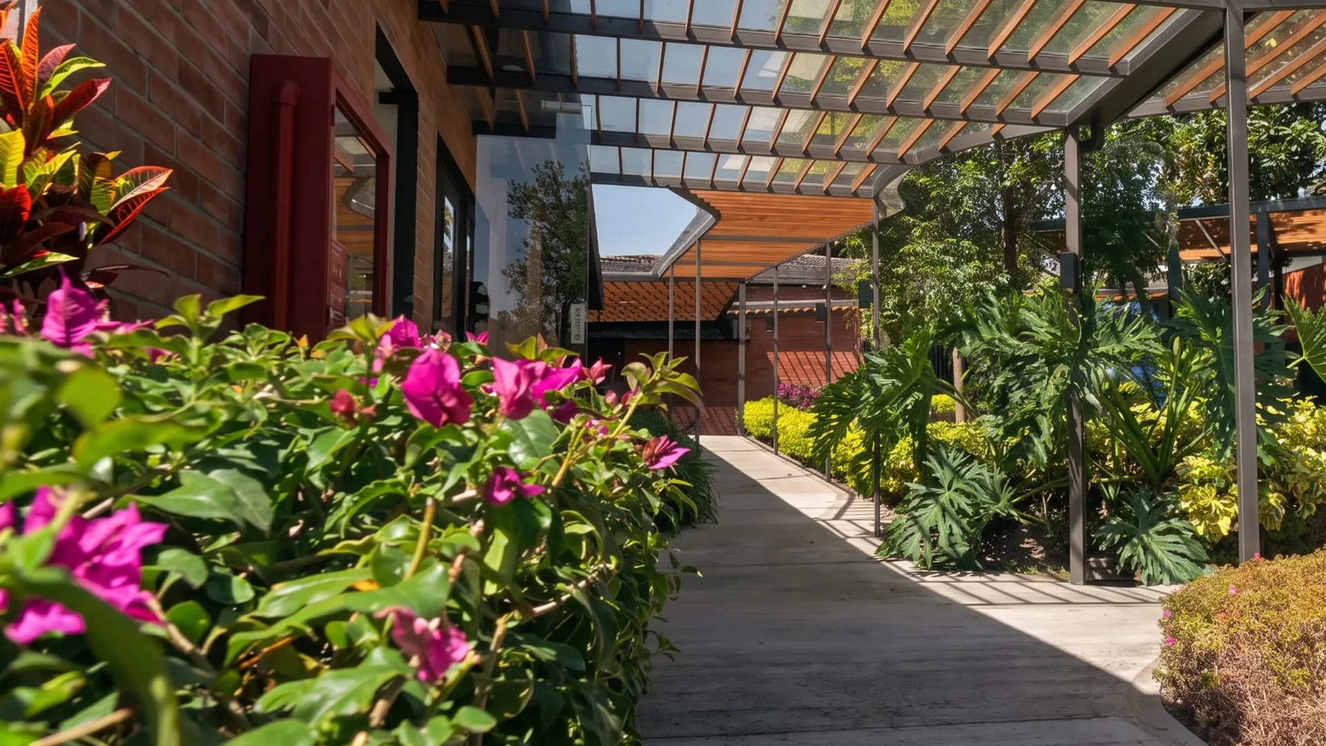 Camino de acceso a Q·RA entre jardines, bajo la pérgola